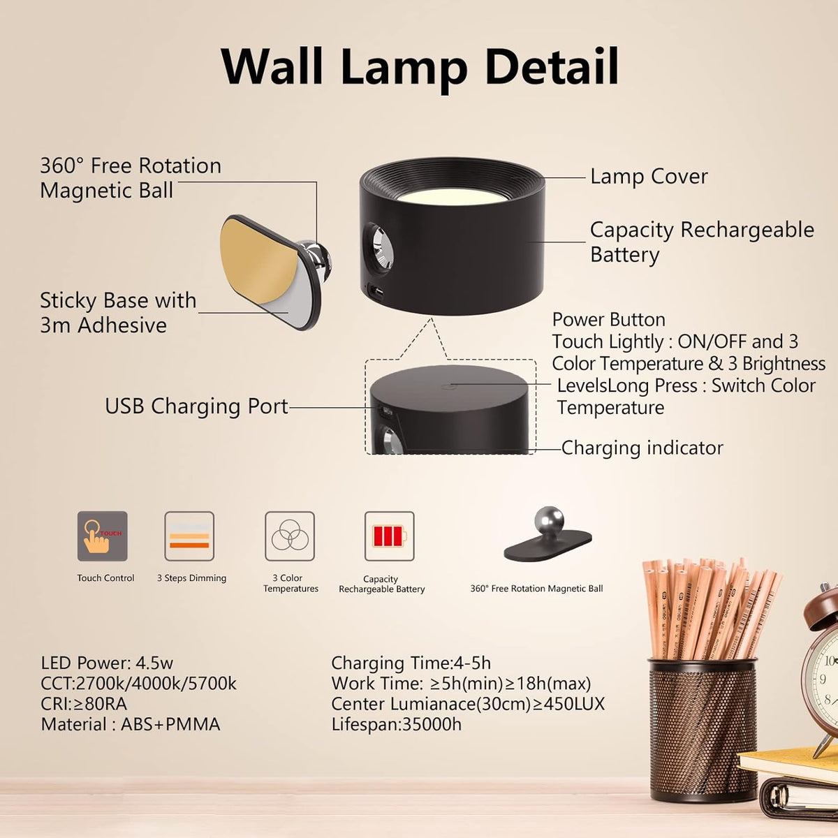 Wall Mounted Rechargeable Magnetic Lamp with Scones