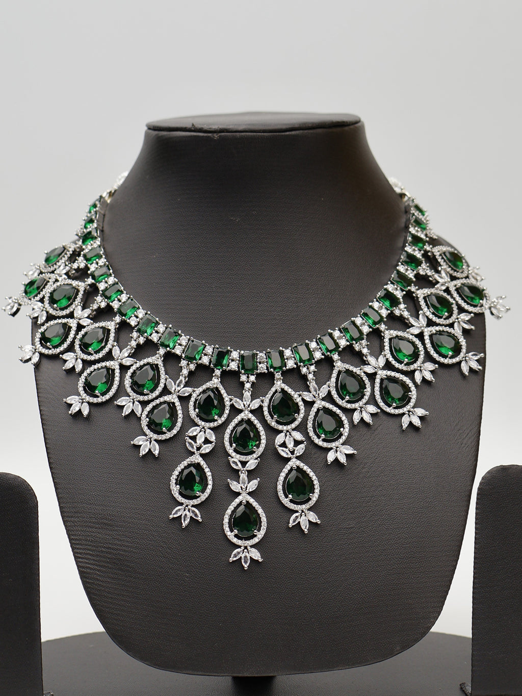 Green Stones Reverse AD Necklace Set with Earings
