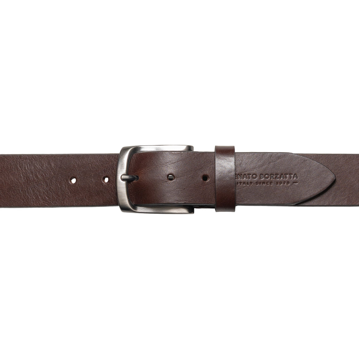 RB4027B | Men's Belt Made in Italy in Genuine Vegetable-Tanned Leather. Satin Gunmetal Buckle. Dark Brown Color. Dimensions: 125 x 4.0 x 0.5 cm (waistline 110 cm)