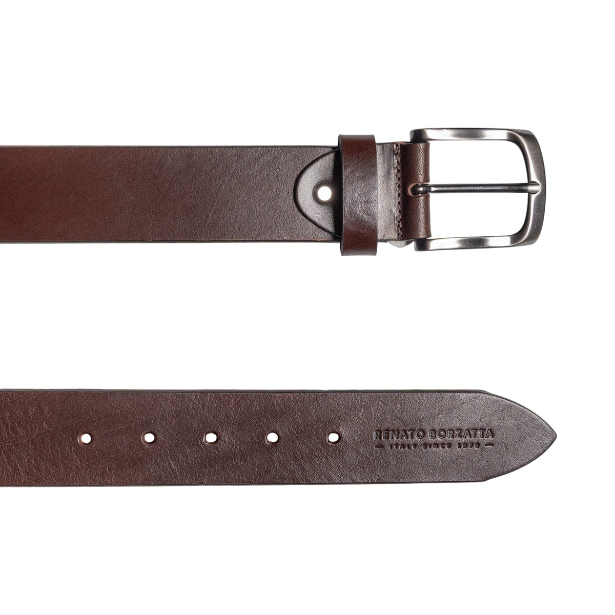 RB4027B | Men's Belt Made in Italy in Genuine Vegetable-Tanned Leather. Satin Gunmetal Buckle. Dark Brown Color. Dimensions: 125 x 4.0 x 0.5 cm (waistline 110 cm)