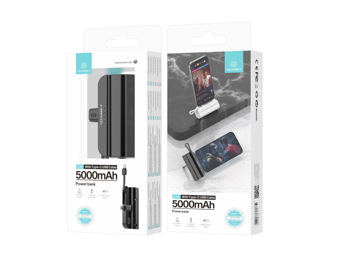Carregador portátil Techancy 5000mAh, TF2777, cabo de carregamento 2 em 1 iP+Type-c com suporte para telemóvel, preto
