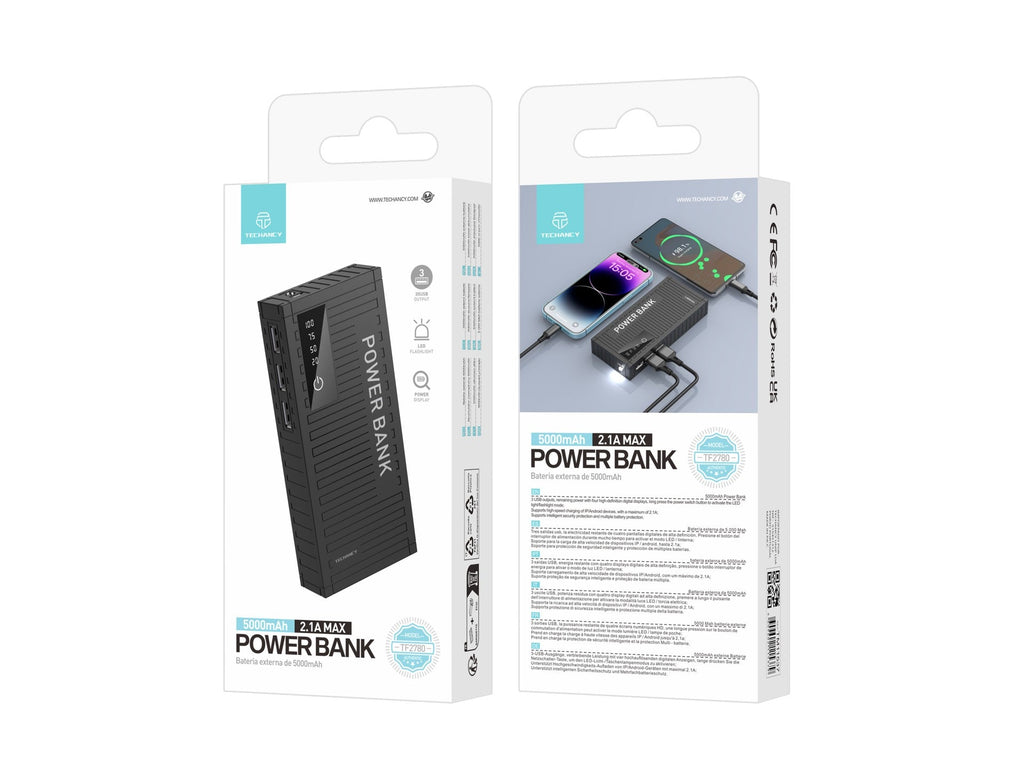Techancy 5000mah Power Bank Preto TF2780，Carregamento Rápido De 2A,3 Saídas Usb Para Telemóvel/Tablet.-4