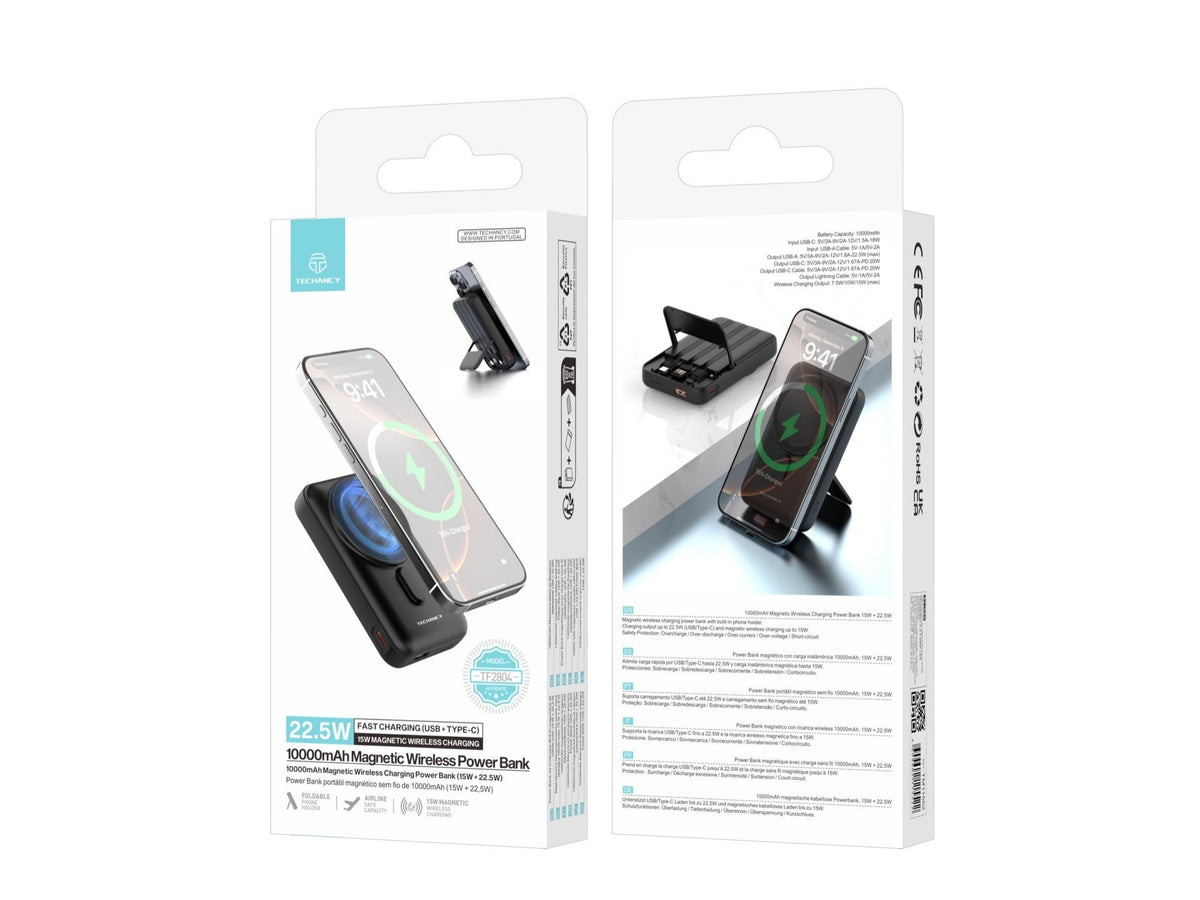 Techancy Power Bank Magnetico Sem Fios 10000mAh TF2804 15W Wireless 22.5W Carregamento Rapido com Suporte para Telemovel e Tablet Preto